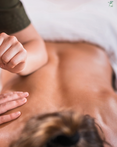 A close-up of a person's back receiving a massage.